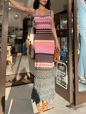 Vestido Longo Estampa em Patchwork de Alças e Decote Quadrado - Malika