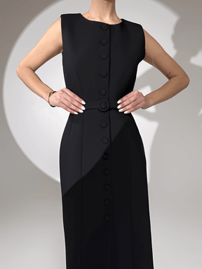 Vestido Midi Sem Mangas com Botões Forrados Cinto e Fenda – Selena [FRETE FULL]
