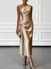 Vestido Midi Acetinado Acinturado com Decote Assimétrico e Drapeado Elegante - Penelope [FRETE FULL]