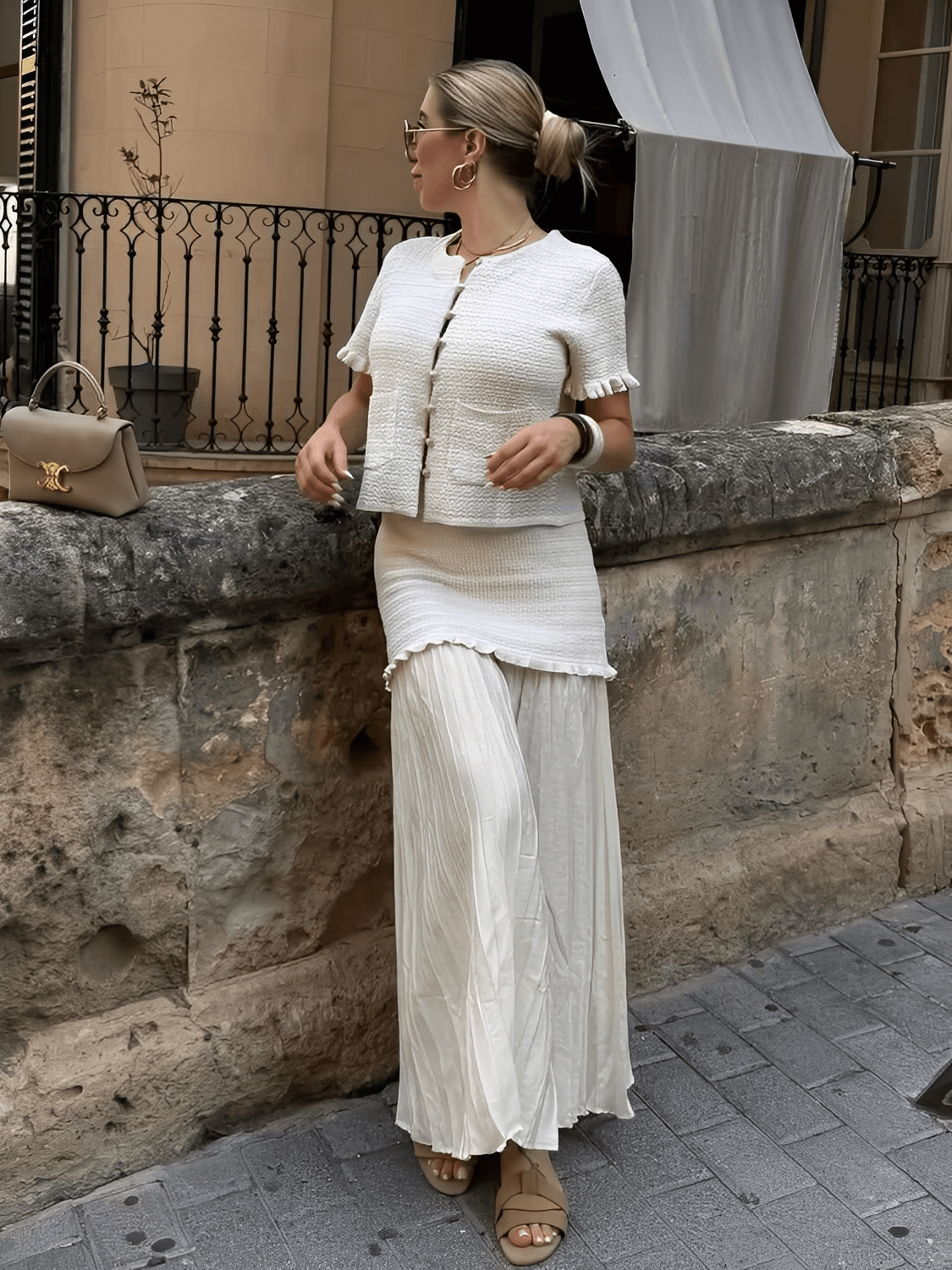 Conjunto Tweed de Blusa com Bolsos e Saia Longa com Duas Camadas - Suiany