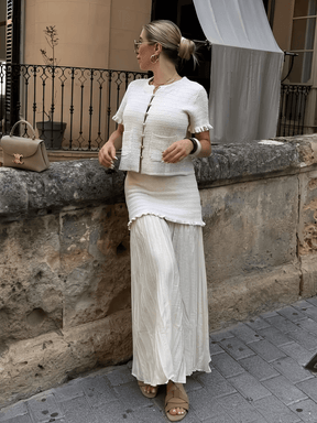 Conjunto Tweed de Blusa com Bolsos e Saia Longa com Duas Camadas - Suiany
