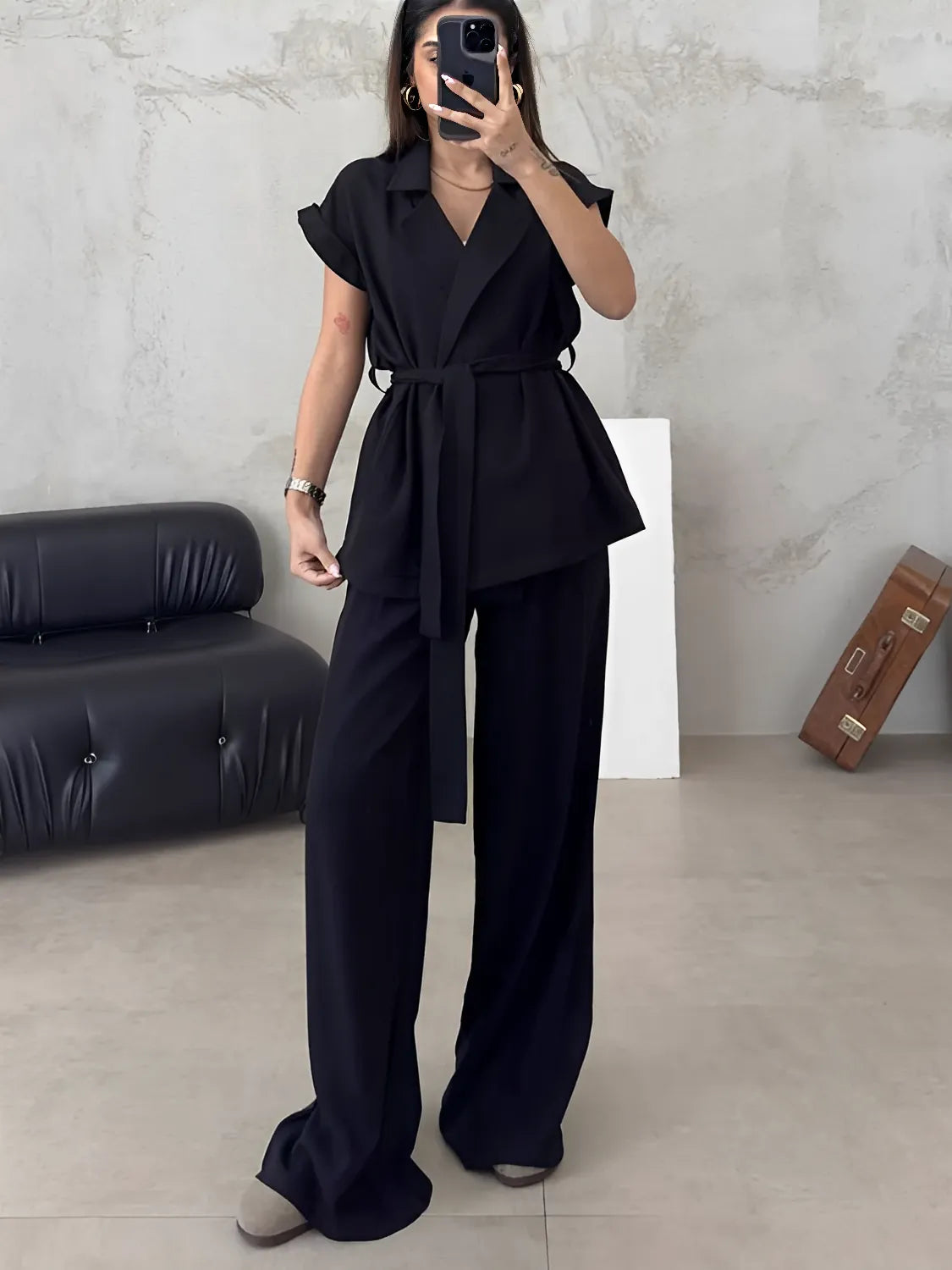 Conjunto Alfaiataria com Blusa de  Amarração e Calça Pantalona - Dominique