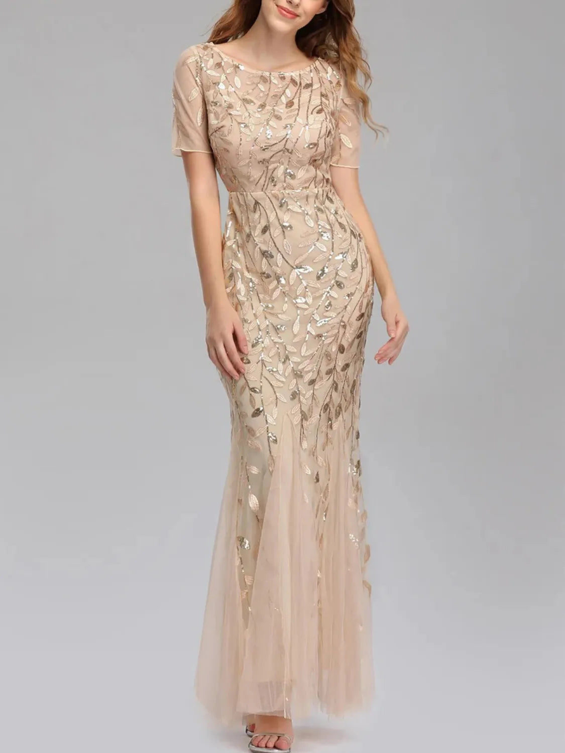 Vestido Longo de Festa Sereia com Tule Transparente e Bordados -  Lyra [FRETE FULL]