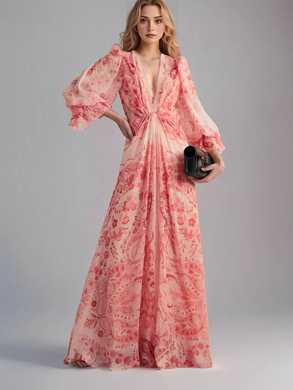 Vestido Longo Estampado Acinturado com Mangas Longas Elegantes – Clarisse