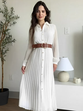 Vestido Chemise Midi Plissado com Botões Frontais – Fleur