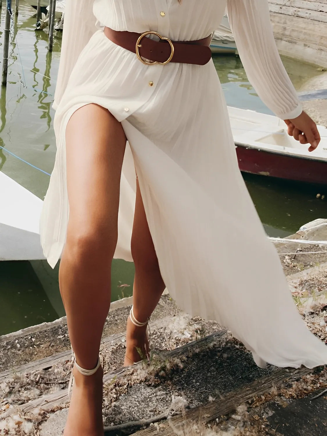 Vestido Chemise Midi Plissado com Botões Frontais – Fleur