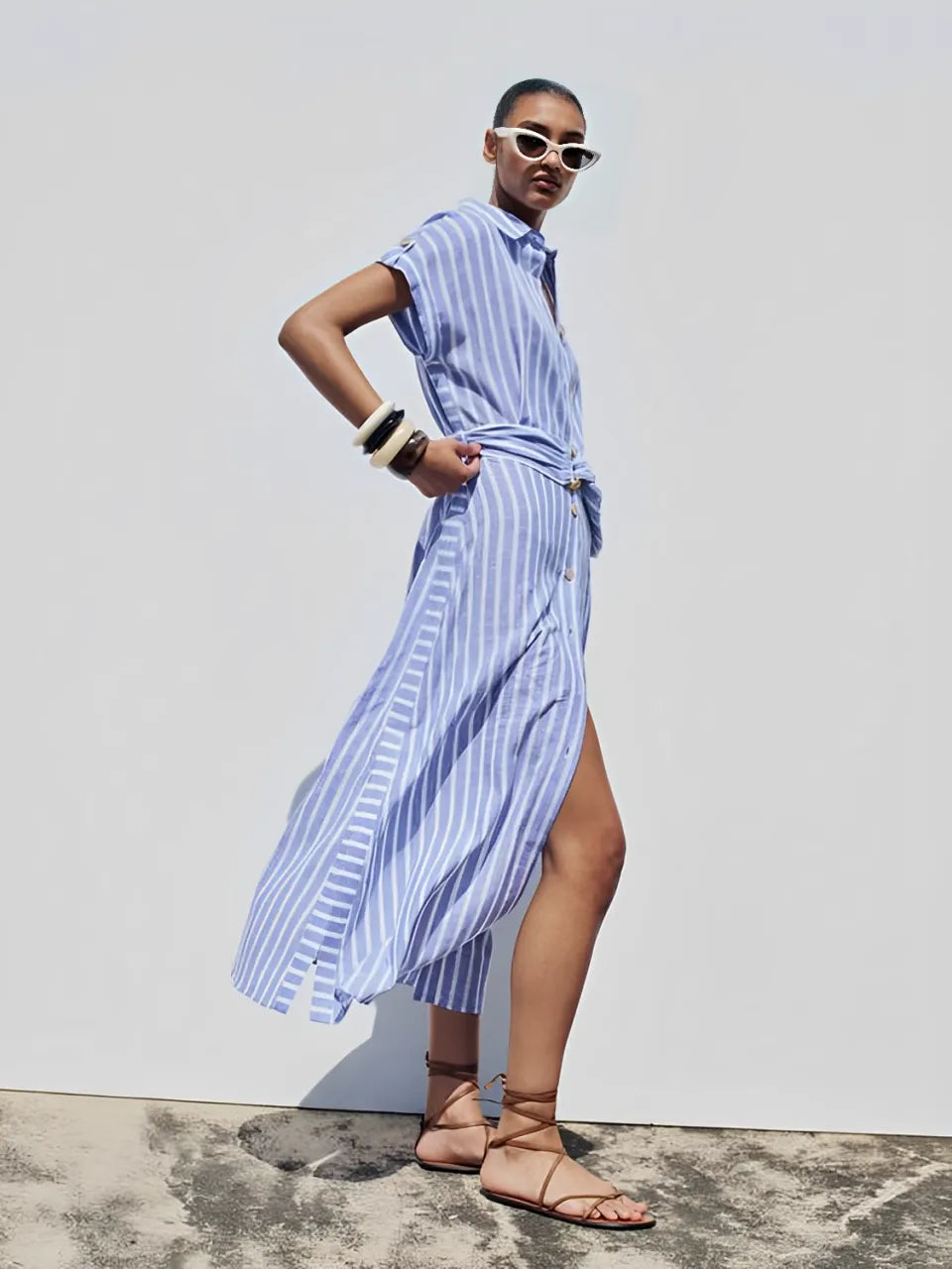 Vestido Chemise Midi em Linho com Botões Frontais e Cinto-Faixa – Jessie