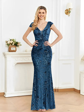 Vestido Longo de Festa Sereia Bordado com Tule e Decote em V – Celeste