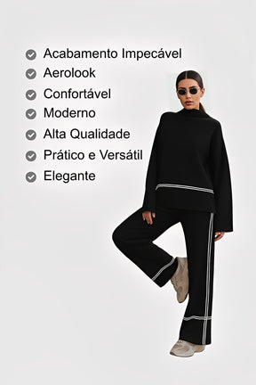 Conjunto Feminino Tricô Kim – Suéter Mullet Gola Alta + Calça Conforto Premium