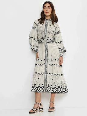 Vestido Midi Estampado com Gola Padre Cinto e Mangas Longas - Mia