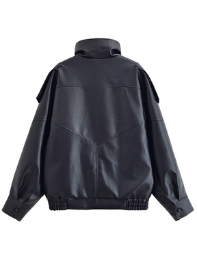 Jaqueta Oversized em Couro PU com Fecho Assimétrico Transpassado- Jasmin