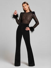 Macacão de Renda com Lantejoulas Plumas e Calça Flare de Veludo - Noir