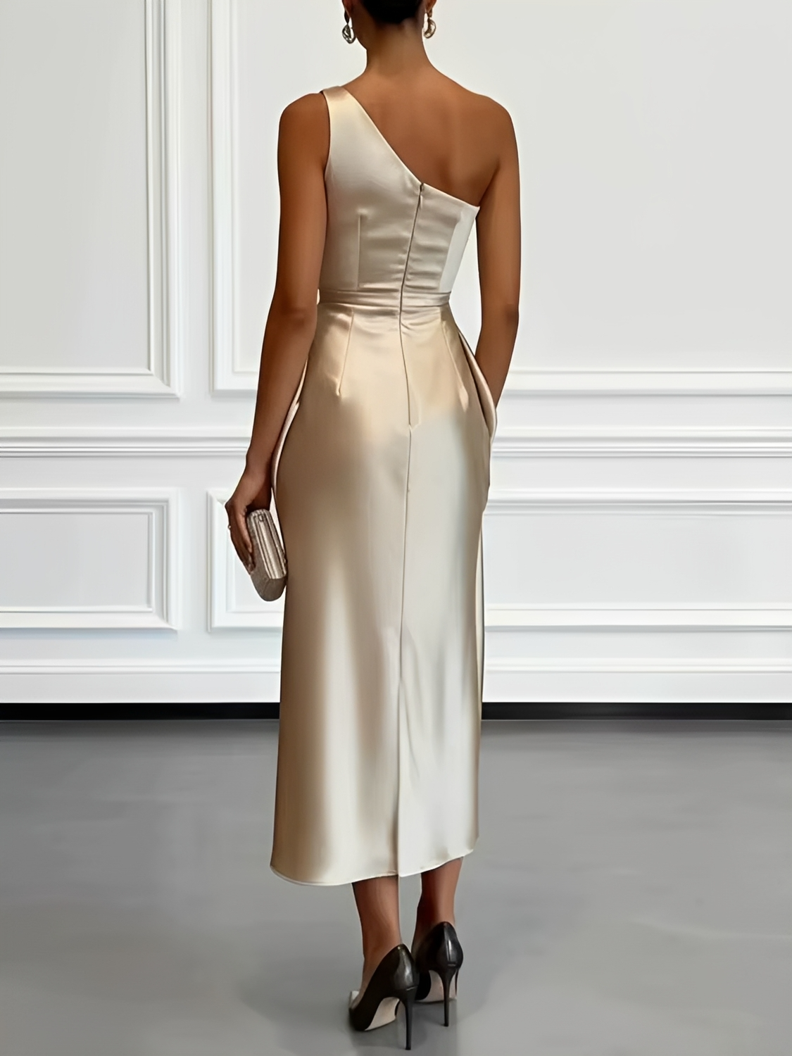 Vestido Midi Acetinado Acinturado com Decote Assimétrico e Drapeado Elegante - Penelope [FRETE FULL]
