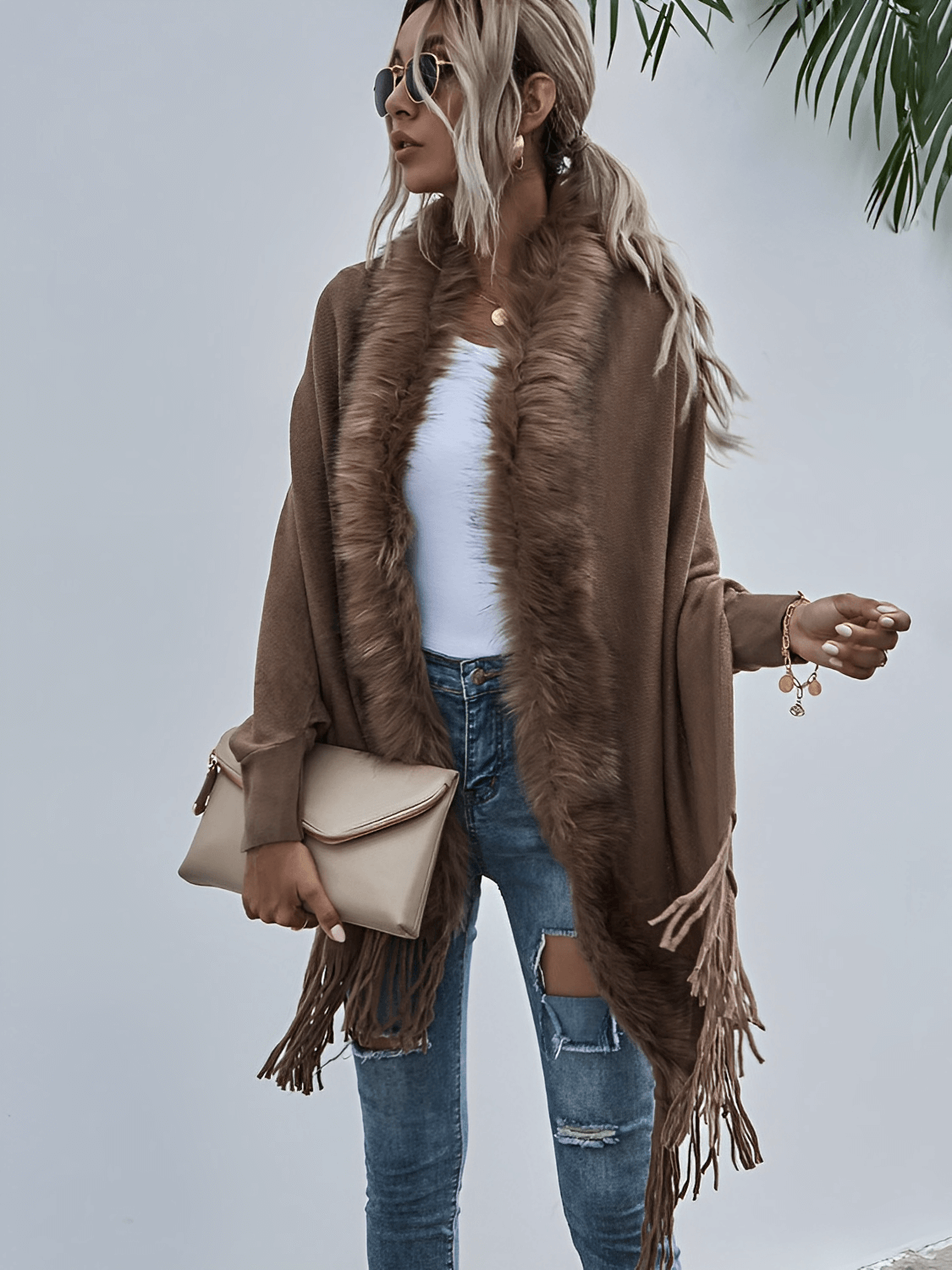 Cardigan de Tricô com Gola Peluciada e Franjas  – Viviane