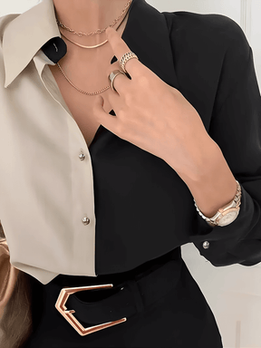 Camisa Acetinada Bicolor com Botões Dourados Elegante – Joyce [FRETE FULL]