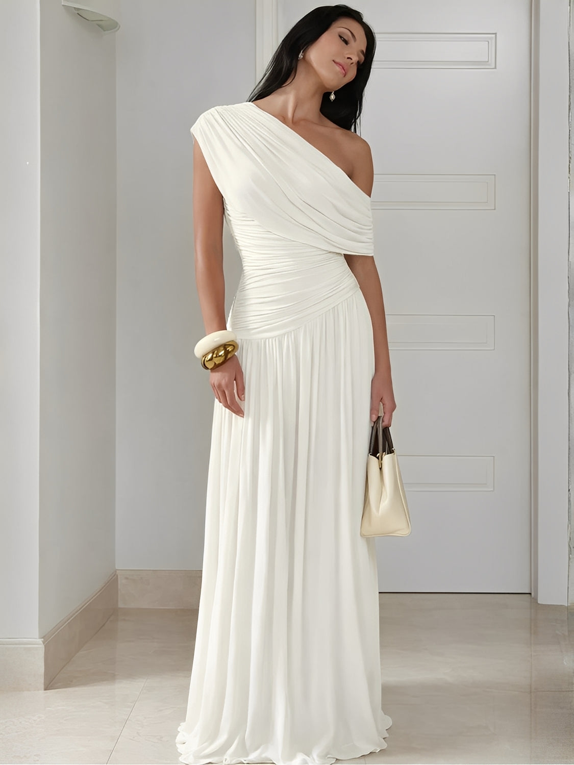 Vestido Longo Plissado Ombro Único Acinturado com Franzidos  – Lunara [FRETE FULL]