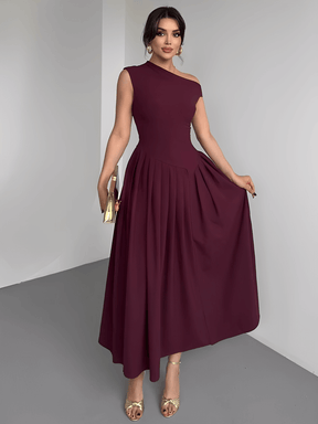 Vestido Maxi com Ombro Assimétrico e Saia Plissada Sofisticada – Luana [FRETE FULL]