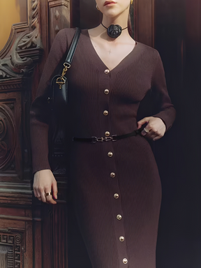 Vestido Midi Canelado Manga Longa com Decote V e Botões Frontais - Iracema