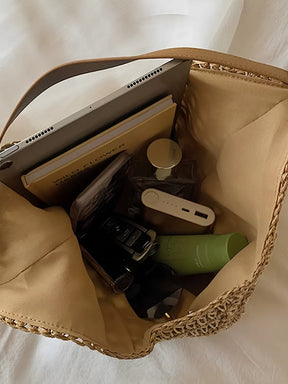 Bolsa de Ombro em Palha com Alça em Couro PU e Fecho Magnético – Amanda