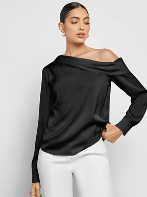 Blusa Acetinada Decote Assimétrico e Punhos com Botão – Diná