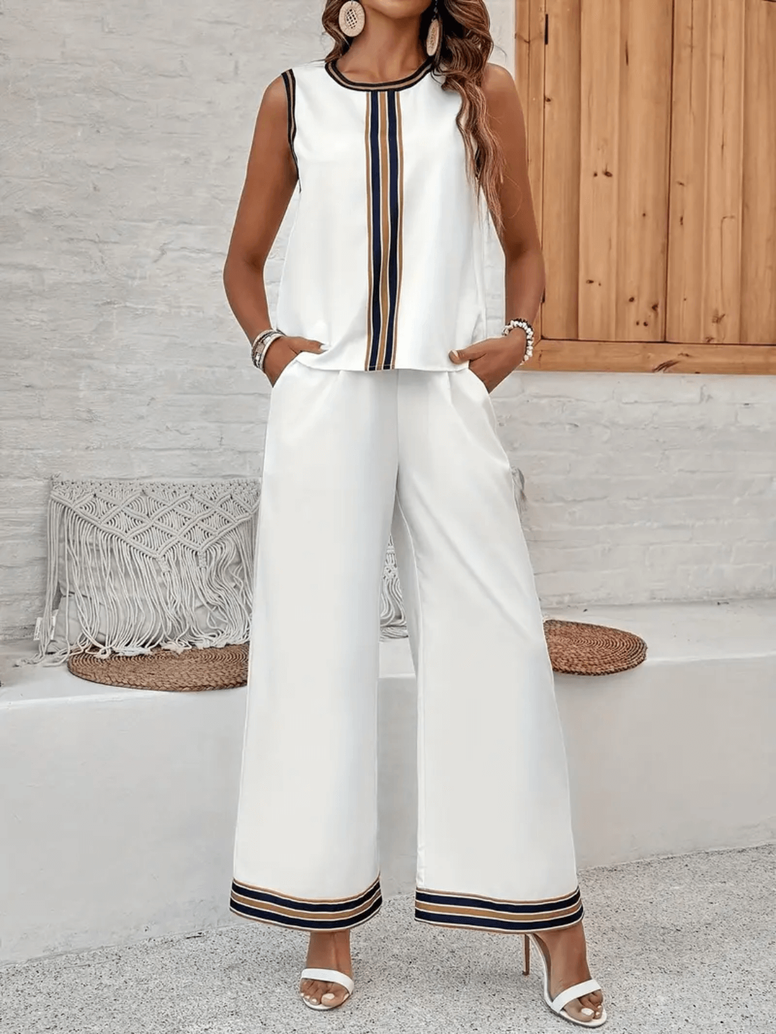 Conjunto com Blusa Regata Estampada e Calça Cós Alto com Bolsos - Melody [FRETE FULL]