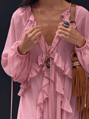 Vestido Longo em Chiffon com Babados Decote em V e Mangas Longas  – Amelie