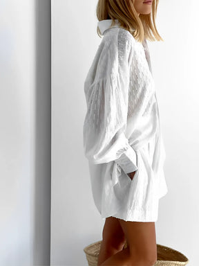 Conjunto de Laise Texturizado Com Camisa e Short Cintura Alta - Cate