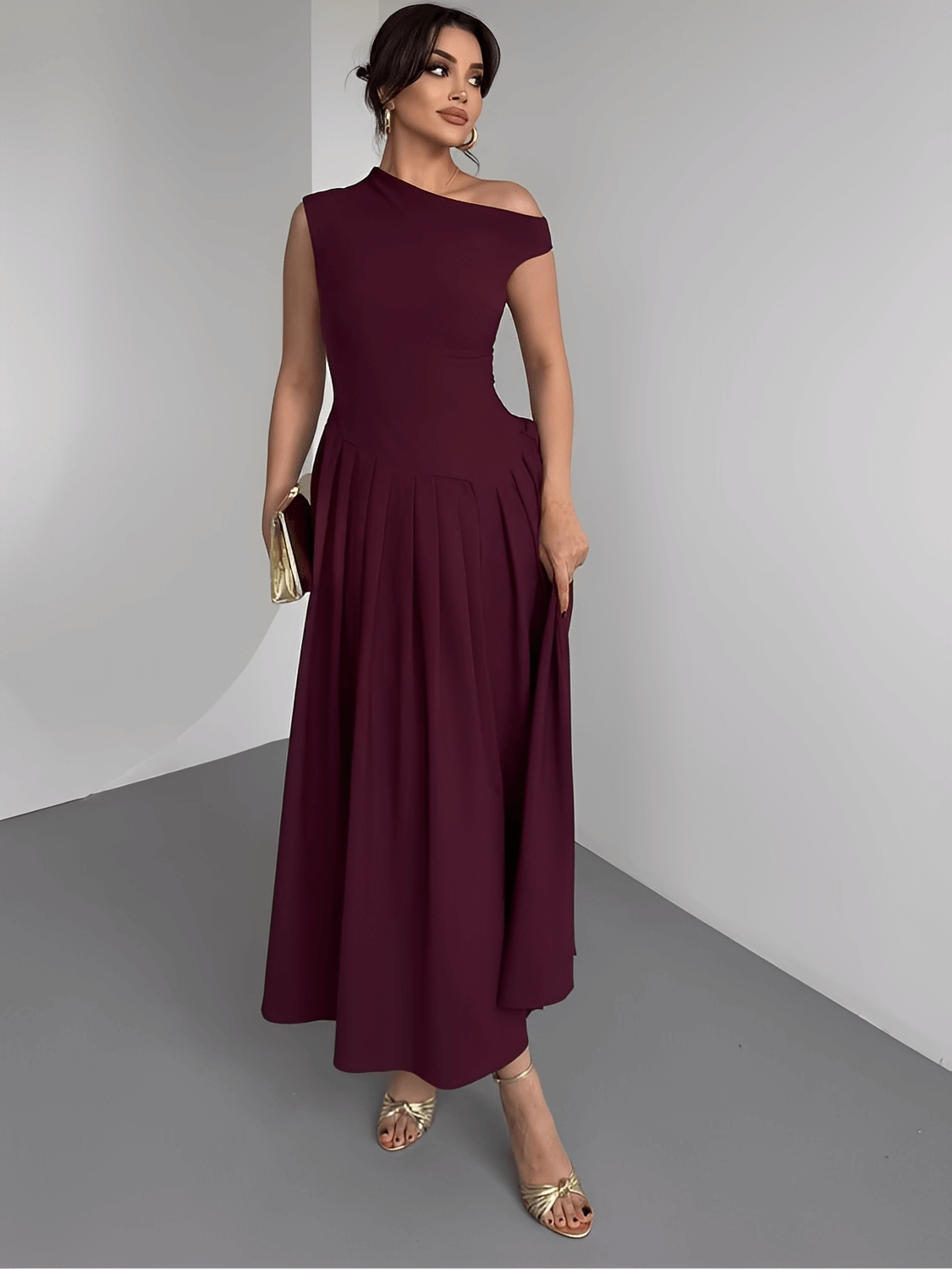 Vestido Maxi com Ombro Assimétrico e Saia Plissada Sofisticada – Luana [FRETE FULL]