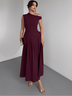 Vestido Maxi com Ombro Assimétrico e Saia Plissada Sofisticada – Luana [FRETE FULL]