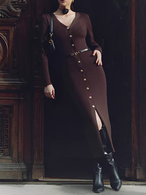 Vestido Midi Canelado Manga Longa com Decote V e Botões Frontais - Iracema