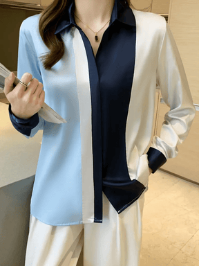 Camisa Acetinada Clássica com Gola Lapela e Punhos Contrastantes - Thaise