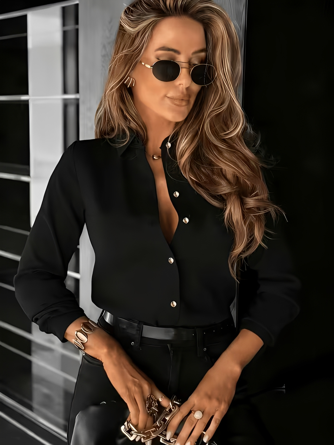Camisa com Gola Polo Estruturada Manga Longa e Botões Metalizados - Yara