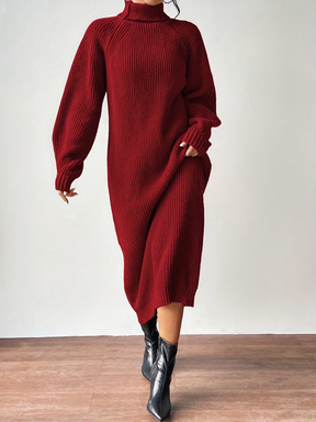 Vestido Suéter Midi em Tricô Canelado com Gola Alta e Mangas Longas - Julieta