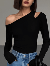 Blusa Canelada de Manga Longa Com Decote Assimétrico - Lohany