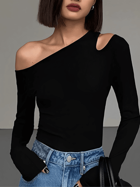 Blusa Canelada de Manga Longa Com Decote Assimétrico - Lohany
