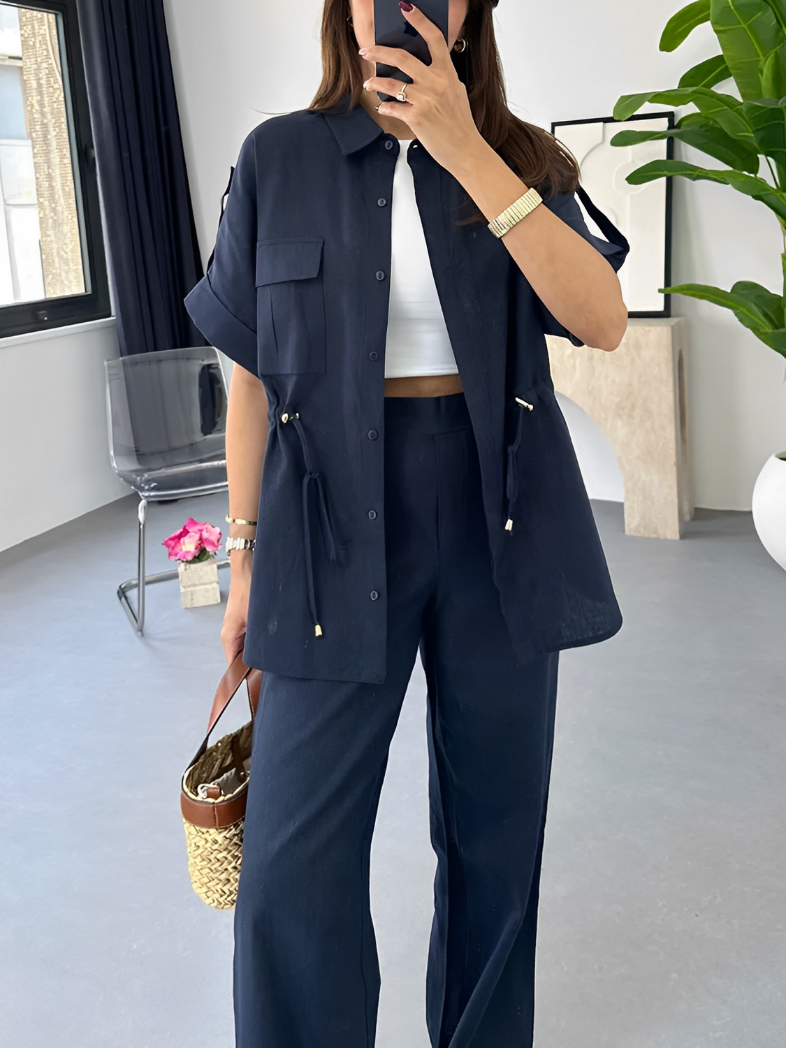 Conjunto com Camisa Oversized Ajustável e Calça Wige Leg - Olga