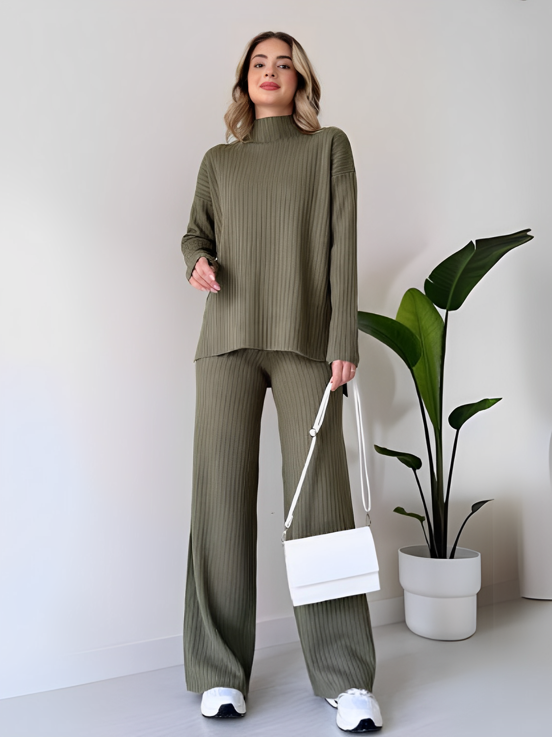 Conjunto de Tricô Canelado com Suéter Mullet e Calça Pantalona - Grace