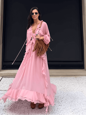 Vestido Longo em Chiffon com Babados Decote em V e Mangas Longas  – Amelie