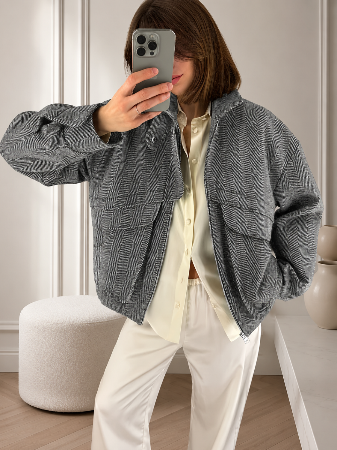 Jaqueta Oversized em Lã Penteada com Gola Alta Estruturada- Nicole