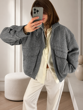 Jaqueta Oversized em Lã Penteada com Gola Alta Estruturada- Nicole