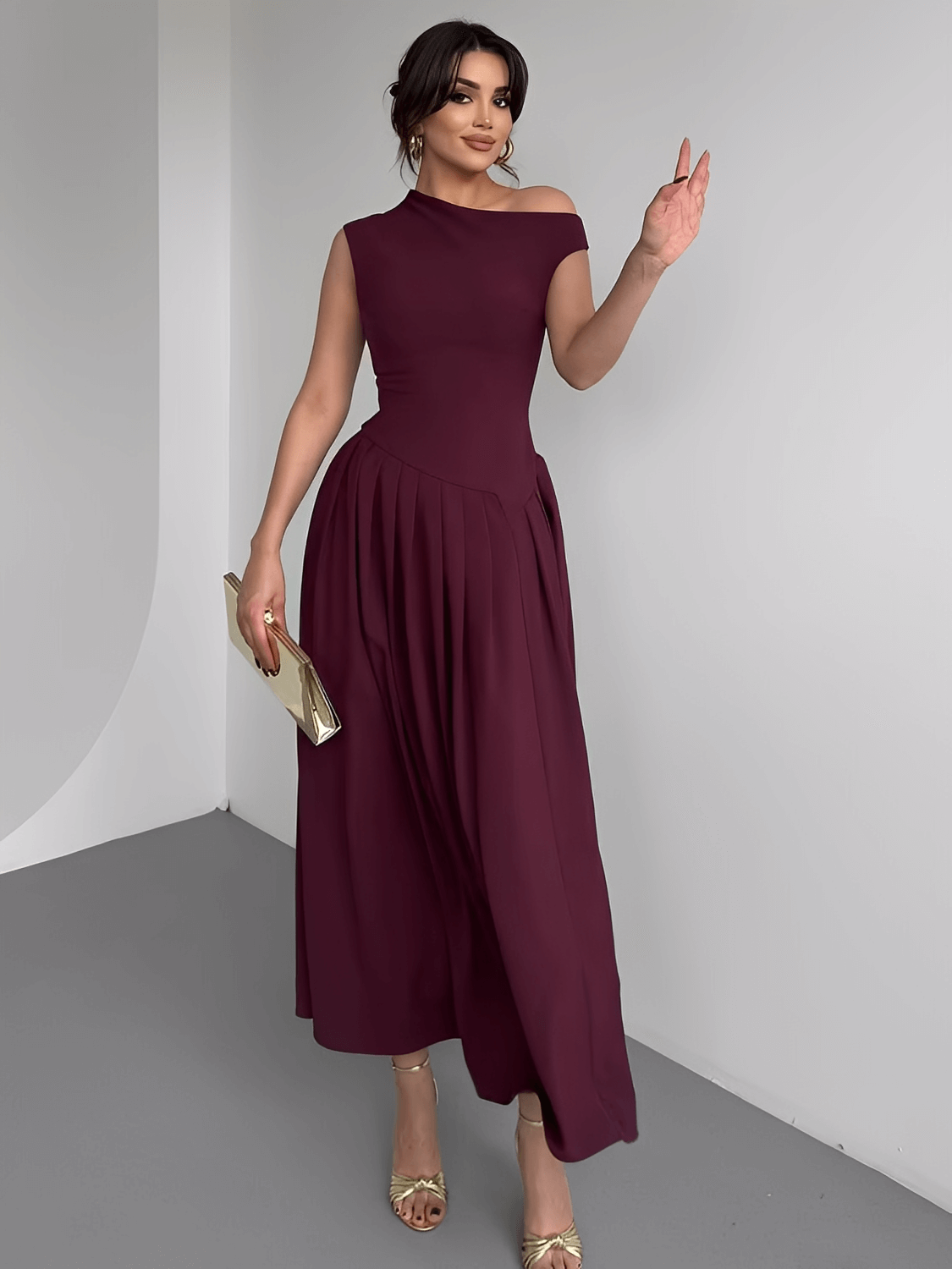 Vestido Maxi com Ombro Assimétrico e Saia Plissada Sofisticada – Luana [FRETE FULL]