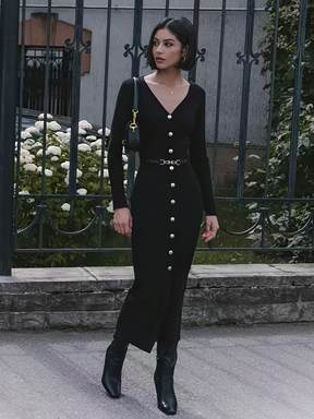 Vestido Midi Canelado Manga Longa com Decote V e Botões Frontais - Iracema