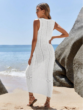 Vestido Midi em Crochê Vazado Com Decote V e Alças Largas – Samantha