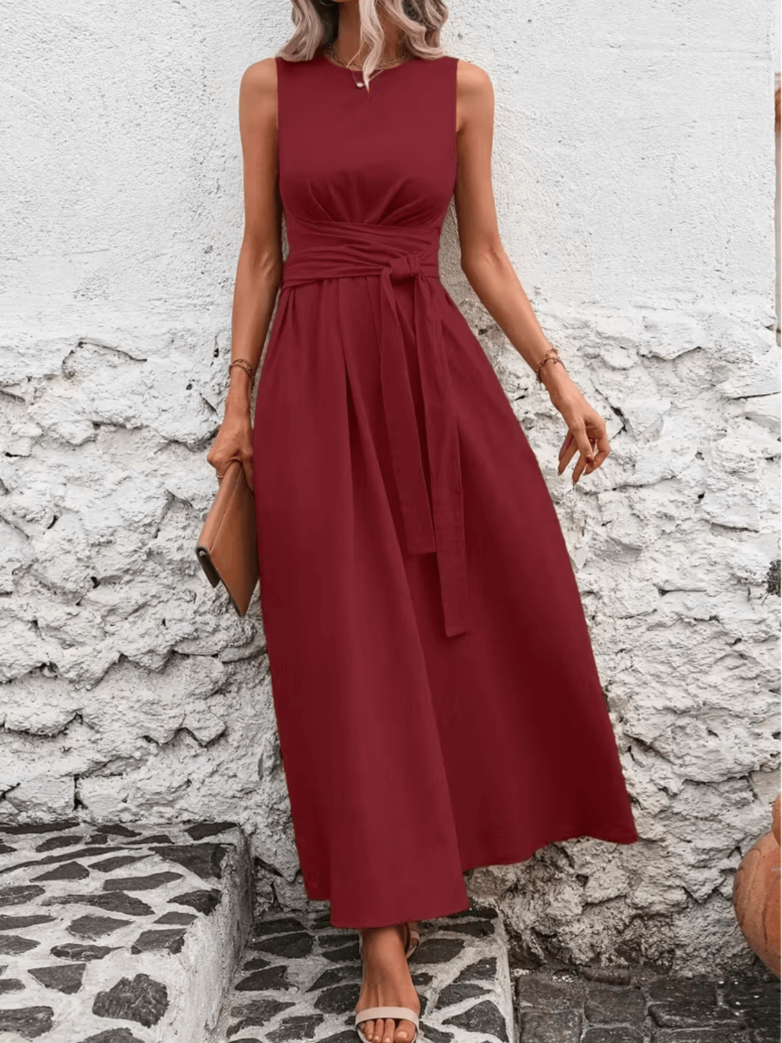 Vestido Longo Regata Acinturado com Faixa Ajustável e Bolsos – Amira [FRETE FULL]