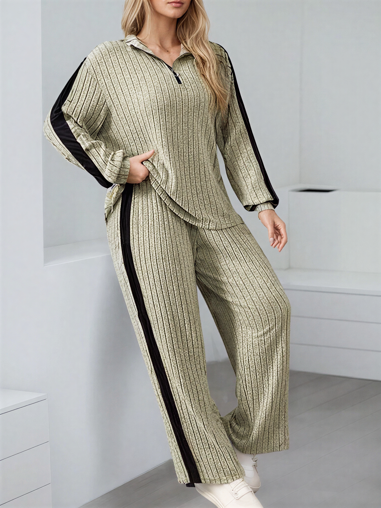 Conjunto Canelado com Suéter Gola V de Zíper e Calça Pantalona – Ivy [FRETE FULL]