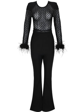 Macacão de Renda com Lantejoulas Plumas e Calça Flare de Veludo - Noir [FRETE FULL]
