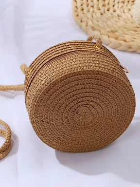 Bolsa Redonda Transversal em Palha com Alça de Corda e Zíper – Aurora