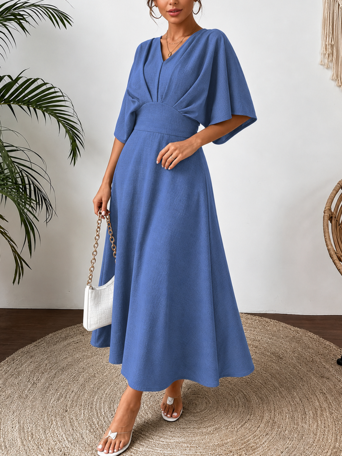 Vestido Midi Evasê Acinturado com Manga Morcego Decote V-  Mayla