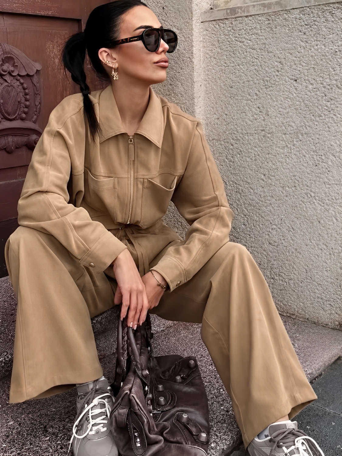 Conjunto em Sarja Jaqueta Oversized Ajustável e Calça Wide Leg - Monique