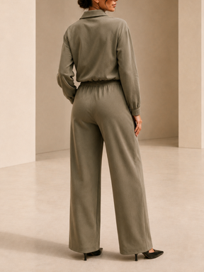 Conjunto em Sarja com Jaqueta Cropped Franzida e Calça Wide Leg - Yoná